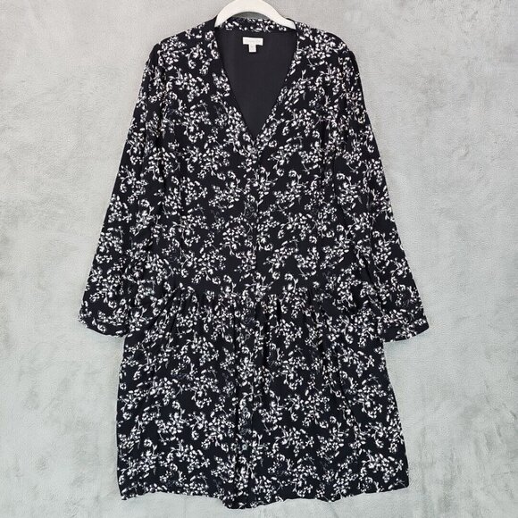 Garnet Hill Dress Womens Size 10 Black Floral Crepe Drop Waist Pockets Button - Picture 1 of 8